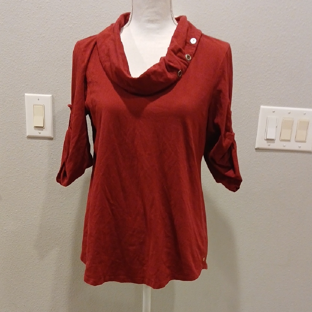 Neon Buddha Cowl Neck Blouse with Button Detail - Rust Maroon Medium